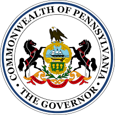 Seal of the Commonwealth of Pennsylvania featuring an eagle, two horses, and a shield with various symbols. Text includes 